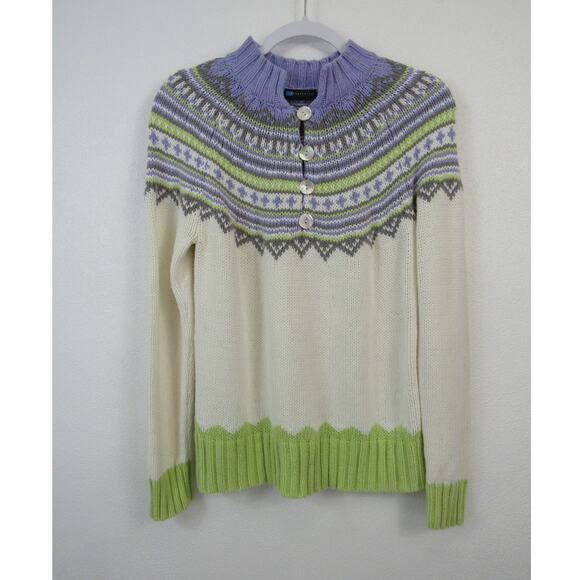Relativity Medium Cream Purple Green Fair Isle Printed Pullover Sweater Mockneck - Picture 1 of 7